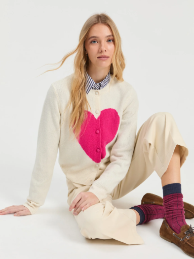 Vilagallo Ecru & Pink Heart Intarsia Cardigan
