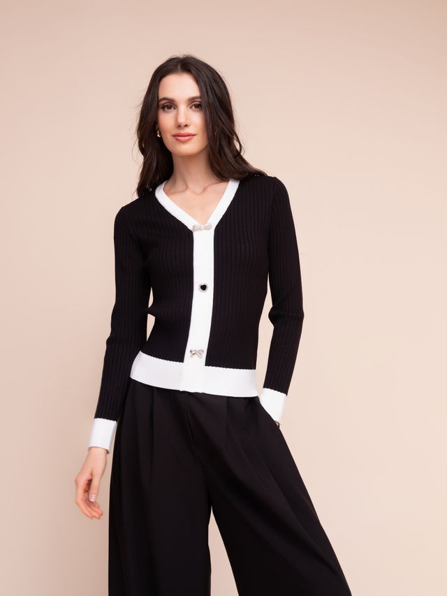 Alison Sheri Contrast Trim Rib Knit Cardigan