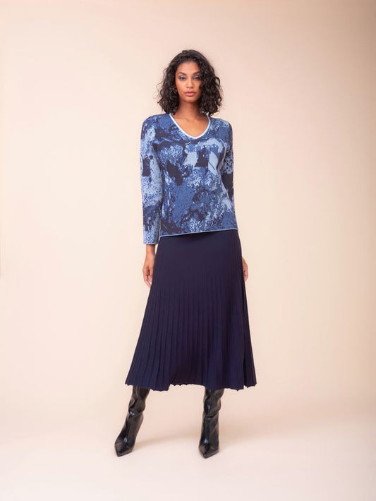 Alison Sheri Abstract Print V-Neck Knit Top