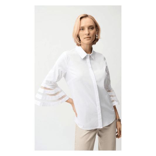 Joseph Ribkoff White Straight Blouse with Organza Bell Sleeves