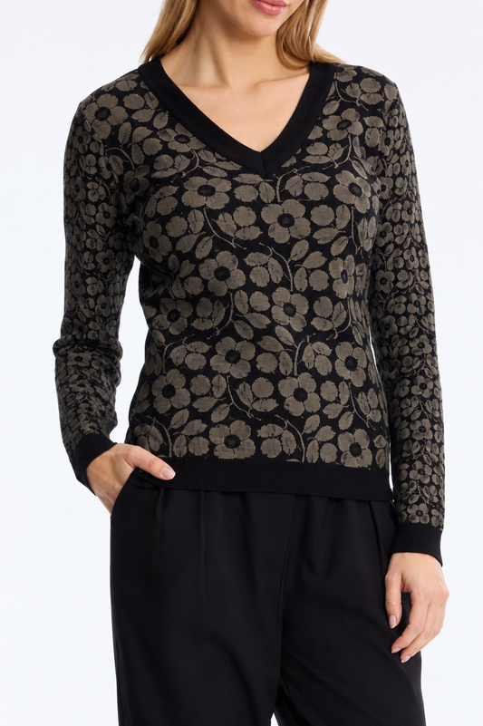 Leo & Ugo Floral Pattern V-Neck Jumper