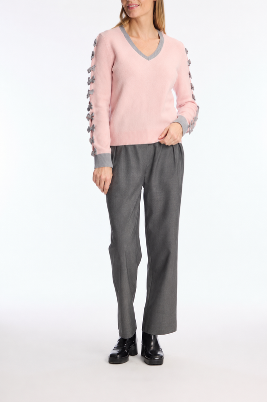 Leo & Ugo Pink V-Neck Bow Detail Jumper