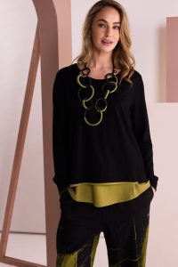 Naya Placement Print Top With Front Angle Seam In Black & Avocado