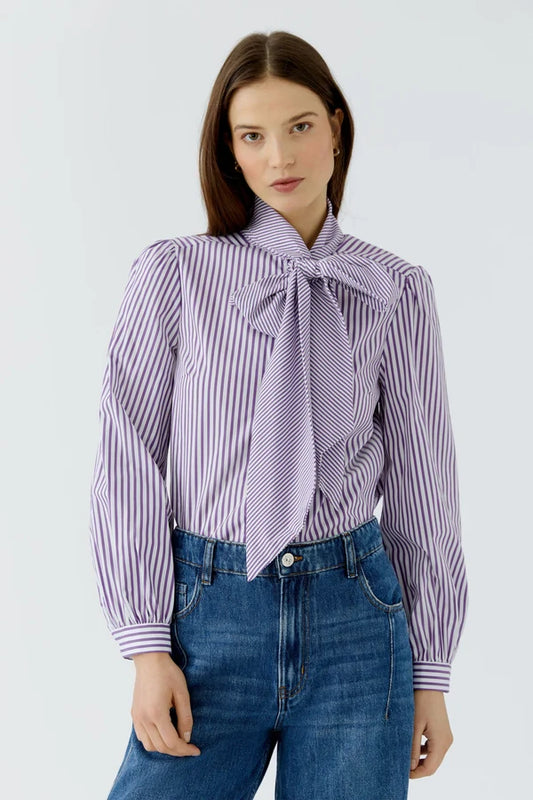 Oui Striped Blouse with Tie-Neck Detail