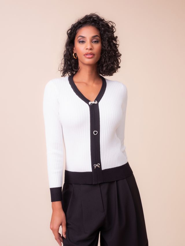 Alison Sheri Contrast Trim Rib Knit Cardigan