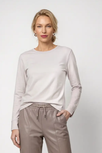 Monari Soft Satin-Finish Long Sleeve Top with Round Neck