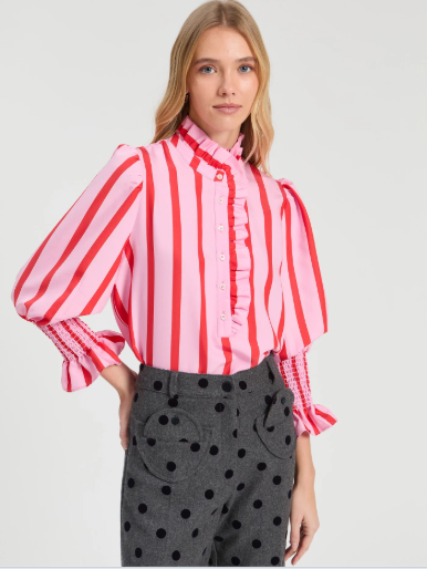 Vilagallo Striped Ruffle-Trim Blouse with Balloon Sleeves