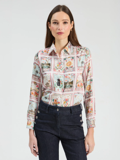 Vilagallo Printed Long-Sleeve Blouse with Button Cuffs