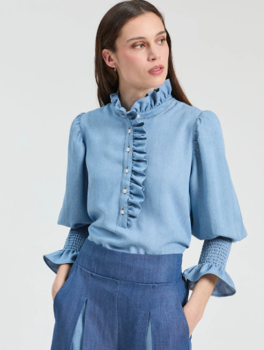 Vilagallo Denim Blue Ruffle Blouse with High Neck