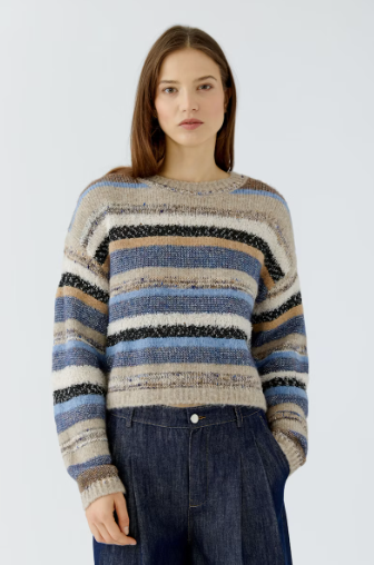 Oui Stone & Blue Striped Marl Sweater