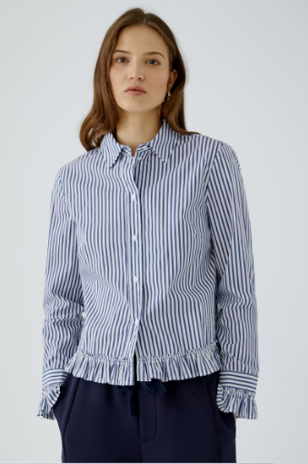 Oui Blue & White Striped Ruffle Hem Shirt
