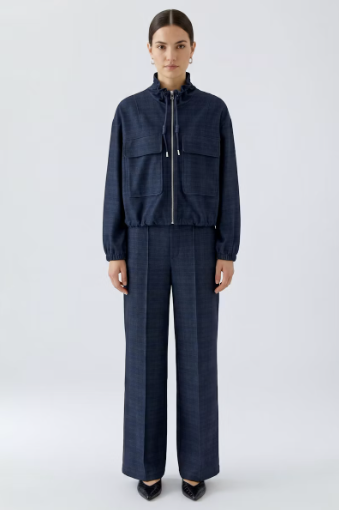 Oui Dark Blue & Grey Checked Wide Leg Trousers