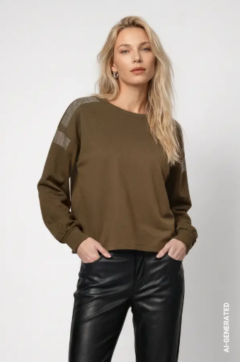 Monari Olive Rhinestone Detail Sweatshirt