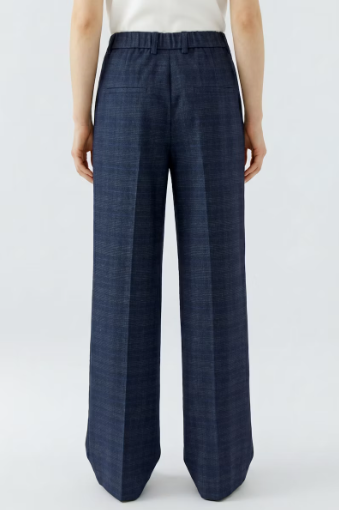 Oui Dark Blue & Grey Checked Wide Leg Trousers
